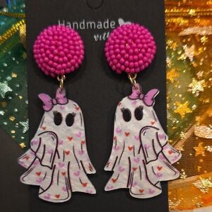 Valentine Pink Ghost Earrings with Heart Pattern